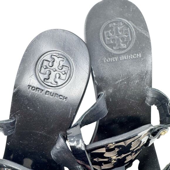 TORY BURCH Black Patent Leather Miller Kitten Heels Sandals Logo Classic Size 8 - Picture 5 of 8